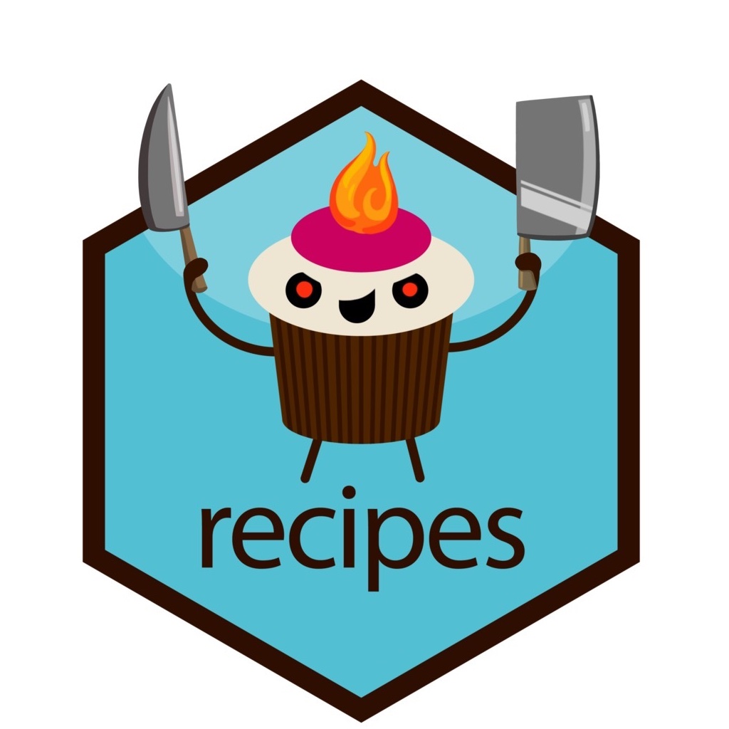 recipes rx sticker, modified to add evil eyes and mouth. Flaming topping and to be holding a knife and a cleaver, both of which are escaping the hex frame.